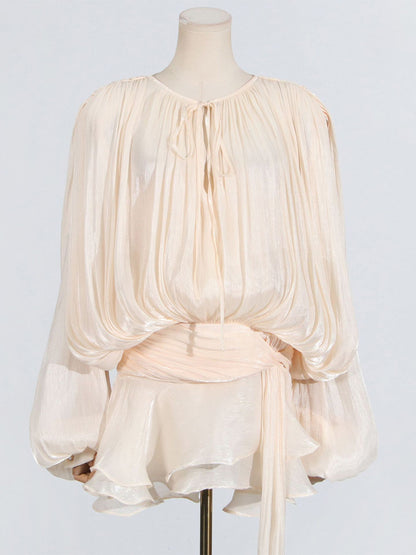 Lantern Sleeve Mini Dress For Women - Pleated Tie Waist Fit Flare - Spring Party Cocktail Outfit 2026
