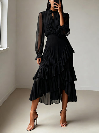 Elegant Pleated Midi Dress For Women - Layered Ruffle Chiffon Gown - Spring Wedding Guest Outfit 2026