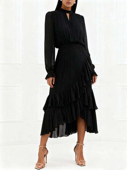 Elegant Pleated Midi Dress For Women - Layered Ruffle Chiffon Gown - Spring Wedding Guest Outfit 2026