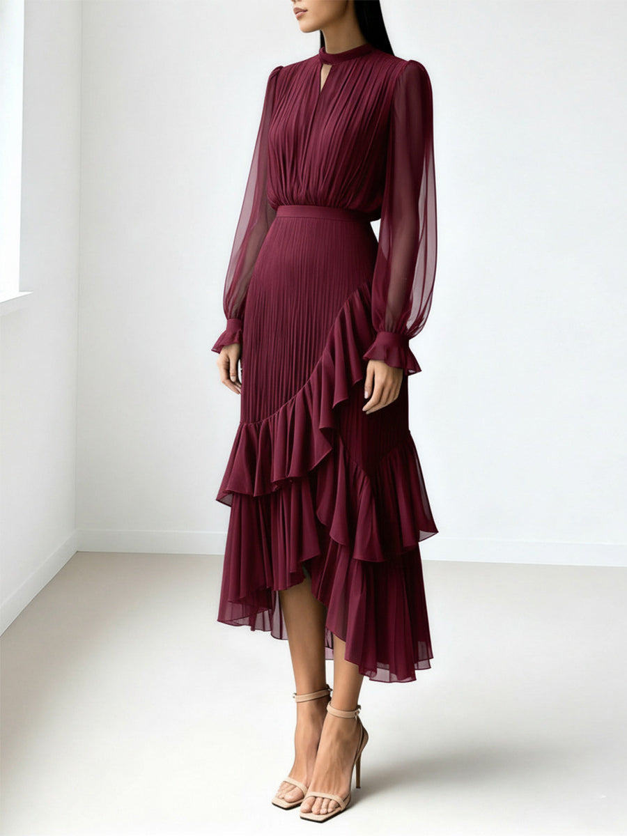 Elegant Pleated Midi Dress For Women - Layered Ruffle Chiffon Gown - Spring Wedding Guest Outfit 2026