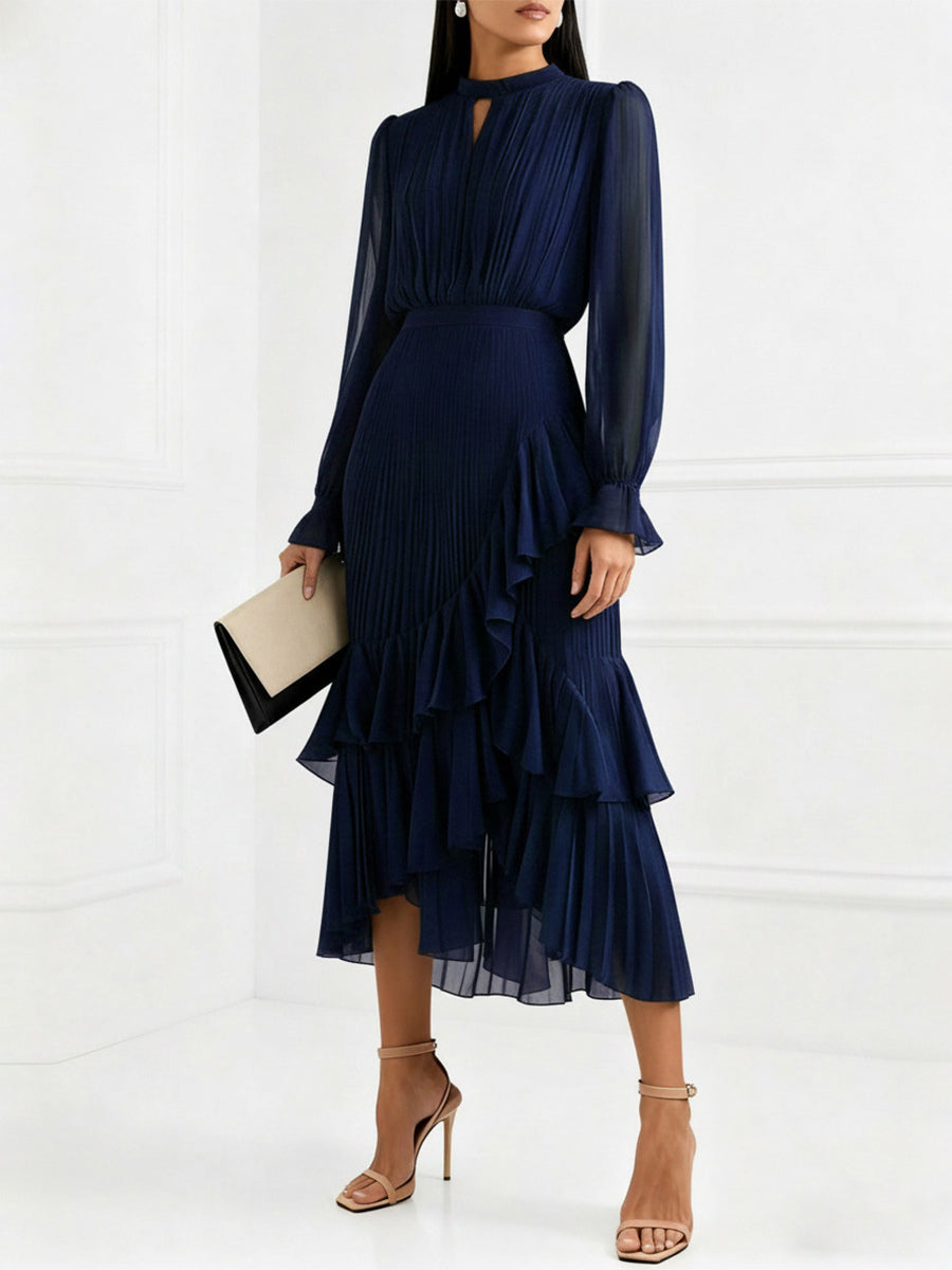 Elegant Pleated Midi Dress For Women - Layered Ruffle Chiffon Gown - Spring Wedding Guest Outfit 2026
