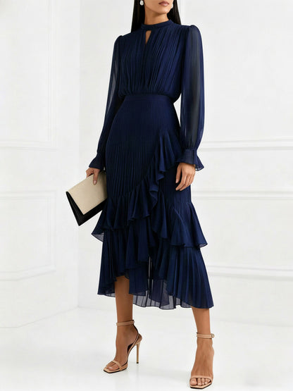 Elegant Pleated Midi Dress For Women - Layered Ruffle Chiffon Gown - Spring Wedding Guest Outfit 2026