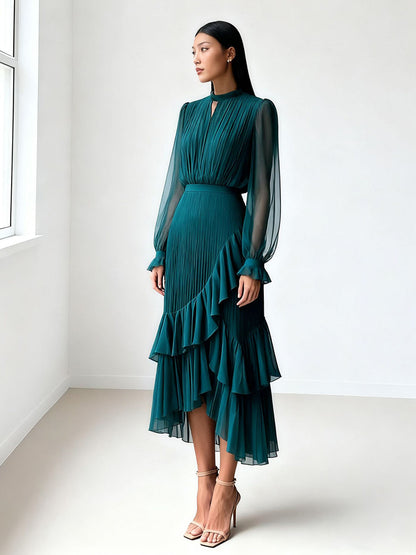 Elegant Pleated Midi Dress For Women - Layered Ruffle Chiffon Gown - Spring Wedding Guest Outfit 2026