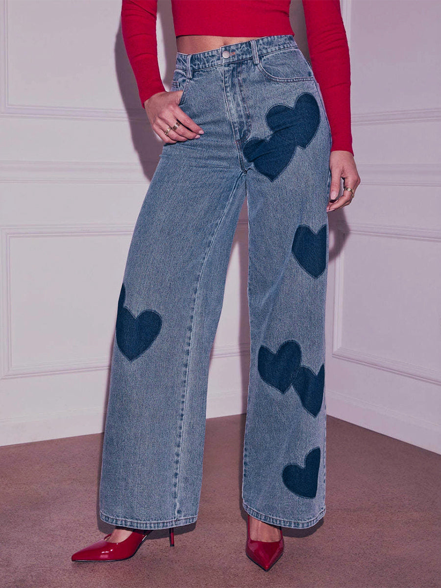 Heart Pattern Wide Leg Jeans For Women - Medium Blue Cute Boho Straight Denim Pants - Spring Date Night Streetwear 2026
