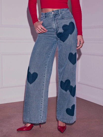 Heart Pattern Wide Leg Jeans For Women - Medium Blue Cute Boho Straight Denim Pants - Spring Date Night Streetwear 2026