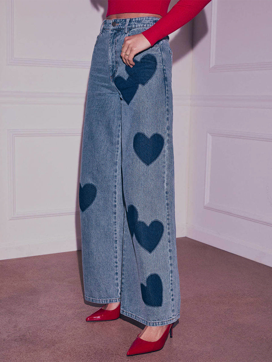 Heart Pattern Wide Leg Jeans For Women - Medium Blue Cute Boho Straight Denim Pants - Spring Date Night Streetwear 2026