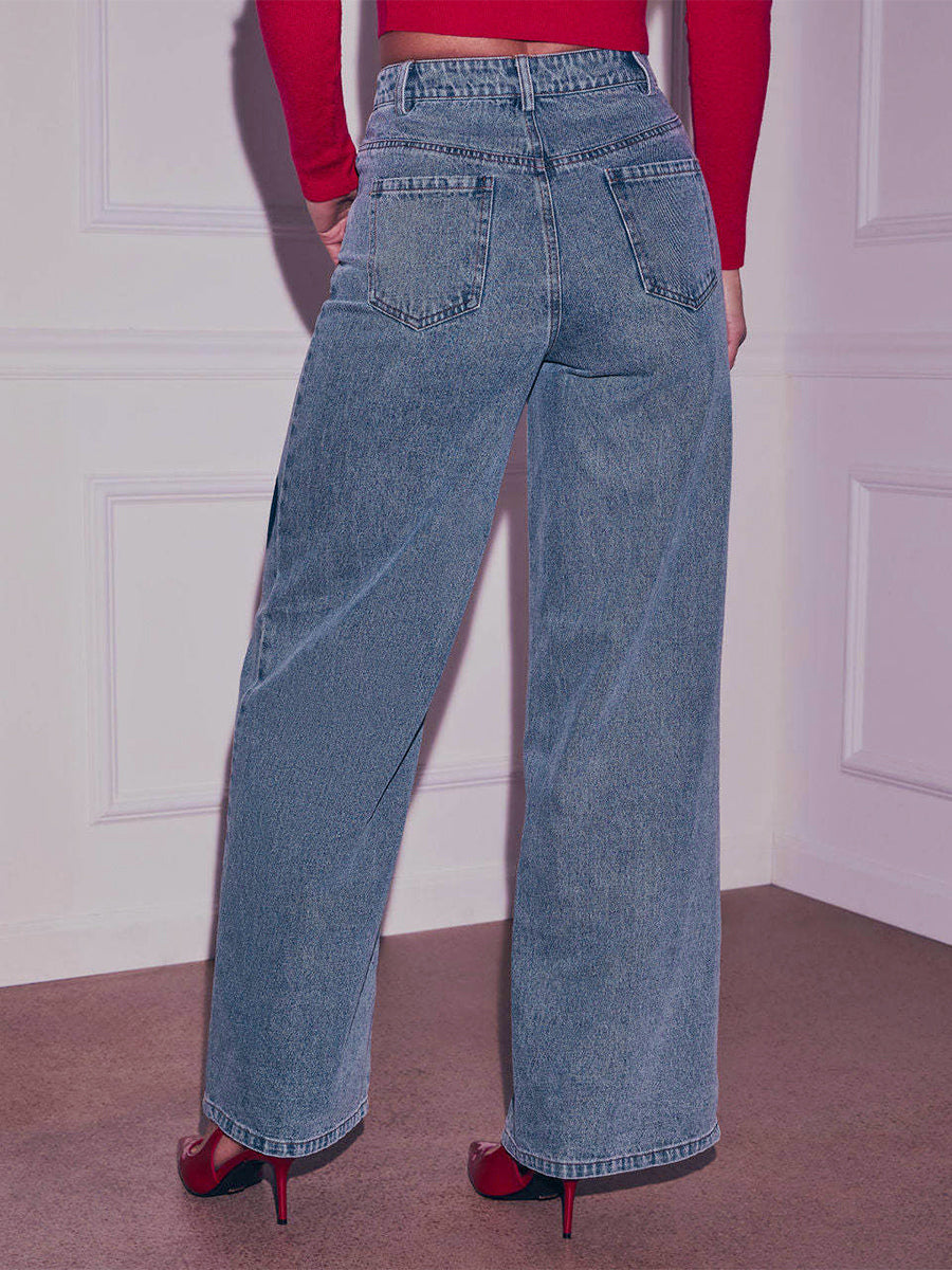 Heart Pattern Wide Leg Jeans For Women - Medium Blue Cute Boho Straight Denim Pants - Spring Date Night Streetwear 2026