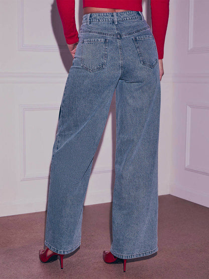 Heart Pattern Wide Leg Jeans For Women - Medium Blue Cute Boho Straight Denim Pants - Spring Date Night Streetwear 2026