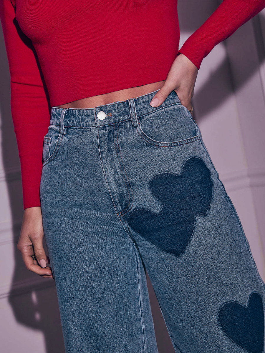 Heart Pattern Wide Leg Jeans For Women - Medium Blue Cute Boho Straight Denim Pants - Spring Date Night Streetwear 2026