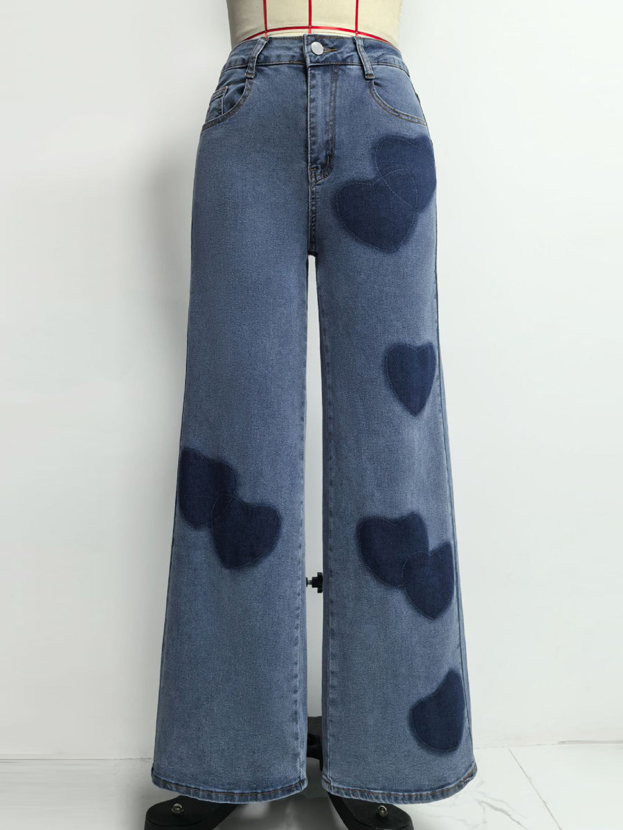 Heart Pattern Wide Leg Jeans For Women - Medium Blue Cute Boho Straight Denim Pants - Spring Date Night Streetwear 2026