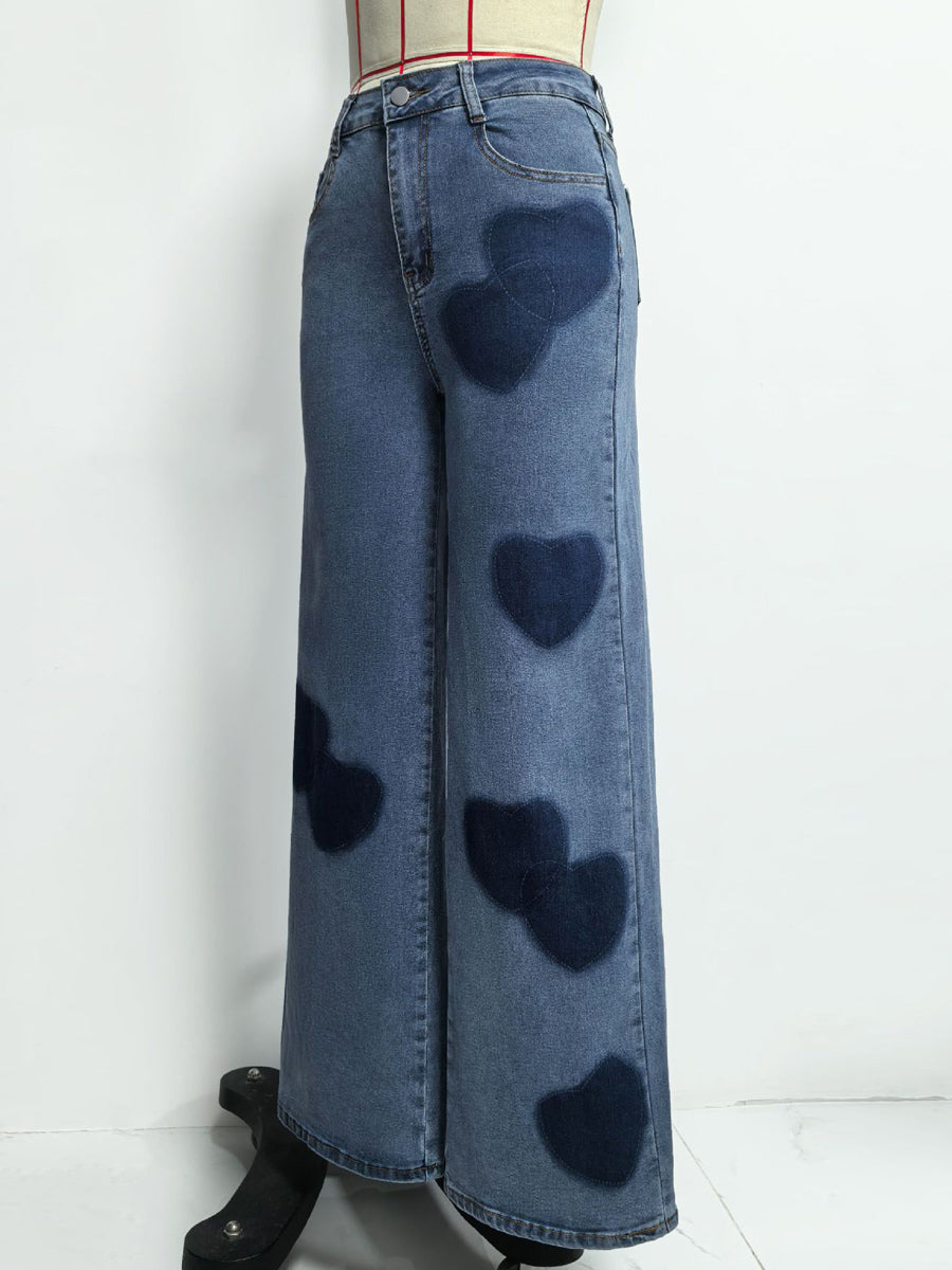 Heart Pattern Wide Leg Jeans For Women - Medium Blue Cute Boho Straight Denim Pants - Spring Date Night Streetwear 2026