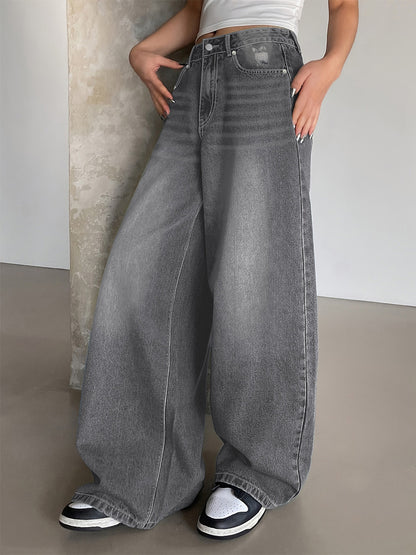High Rise Baggy Skater Jeans For Women - Distressed Wide Leg Puddle Pants - Spring Daily Streetwear 2026