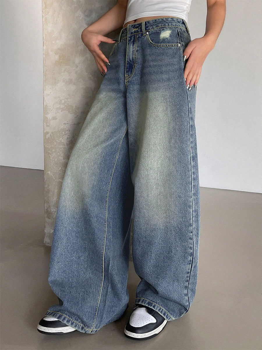 High Rise Baggy Skater Jeans For Women - Distressed Wide Leg Puddle Pants - Spring Daily Streetwear 2026