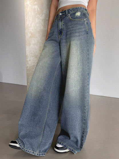 High Rise Baggy Skater Jeans For Women - Distressed Wide Leg Puddle Pants - Spring Daily Streetwear 2026