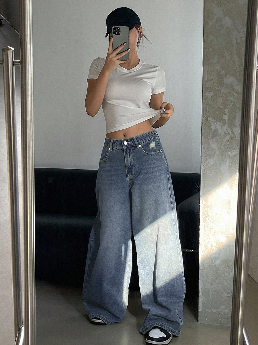 High Rise Baggy Skater Jeans For Women - Distressed Wide Leg Puddle Pants - Spring Daily Streetwear 2026