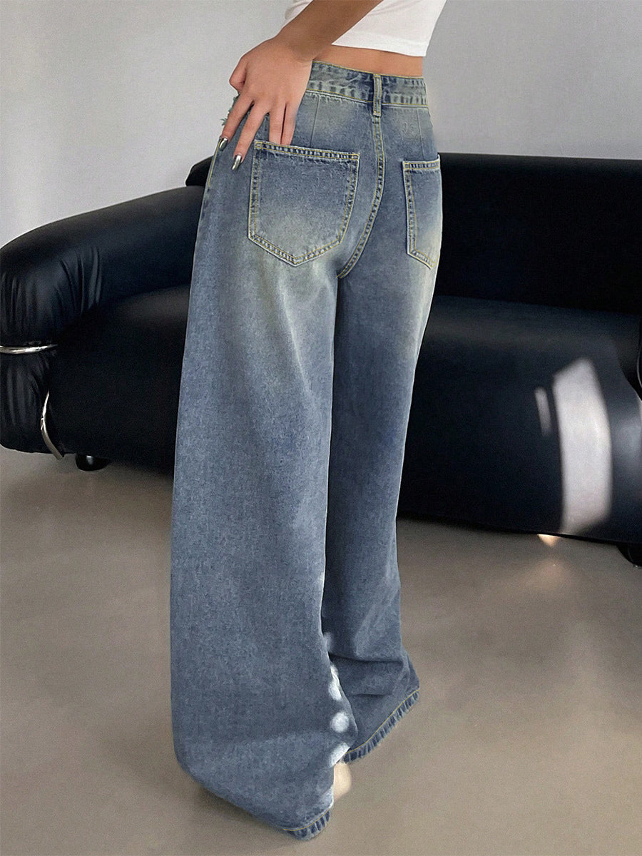 High Rise Baggy Skater Jeans For Women - Distressed Wide Leg Puddle Pants - Spring Daily Streetwear 2026