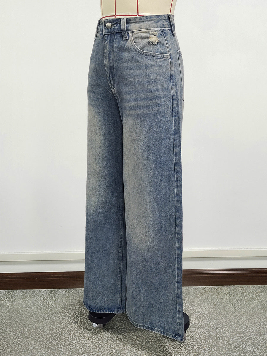 High Rise Baggy Skater Jeans For Women - Distressed Wide Leg Puddle Pants - Spring Daily Streetwear 2026