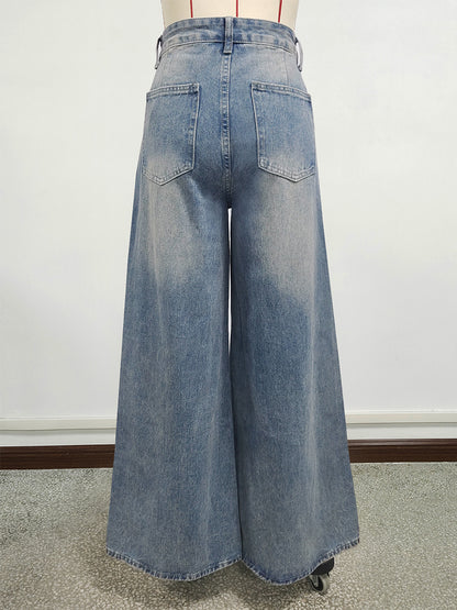 High Rise Baggy Skater Jeans For Women - Distressed Wide Leg Puddle Pants - Spring Daily Streetwear 2026