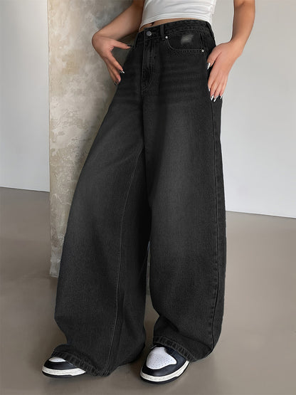 High Rise Baggy Skater Jeans For Women - Distressed Wide Leg Puddle Pants - Spring Daily Streetwear 2026