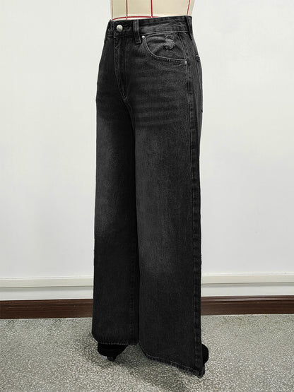 High Rise Baggy Skater Jeans For Women - Distressed Wide Leg Puddle Pants - Spring Daily Streetwear 2026