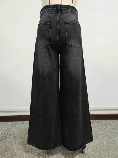 High Rise Baggy Skater Jeans For Women - Distressed Wide Leg Puddle Pants - Spring Daily Streetwear 2026