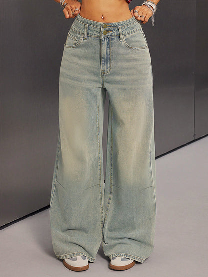 High Rise Baggy Jeans For Women - Light Blue Dirty Effect Wide Leg Washed Denim Pants - Spring Music Festival 2026