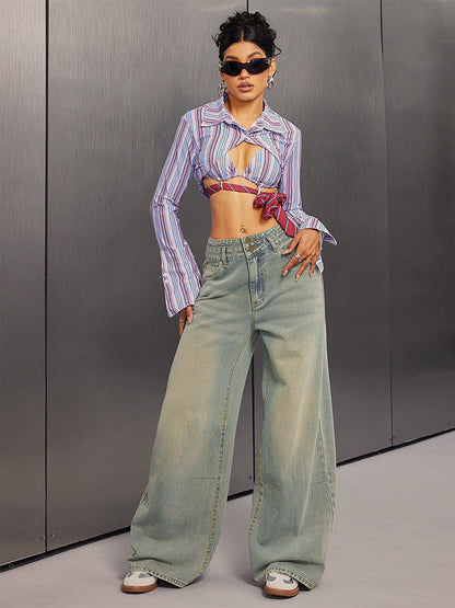 High Rise Baggy Jeans For Women - Light Blue Dirty Effect Wide Leg Washed Denim Pants - Spring Music Festival 2026