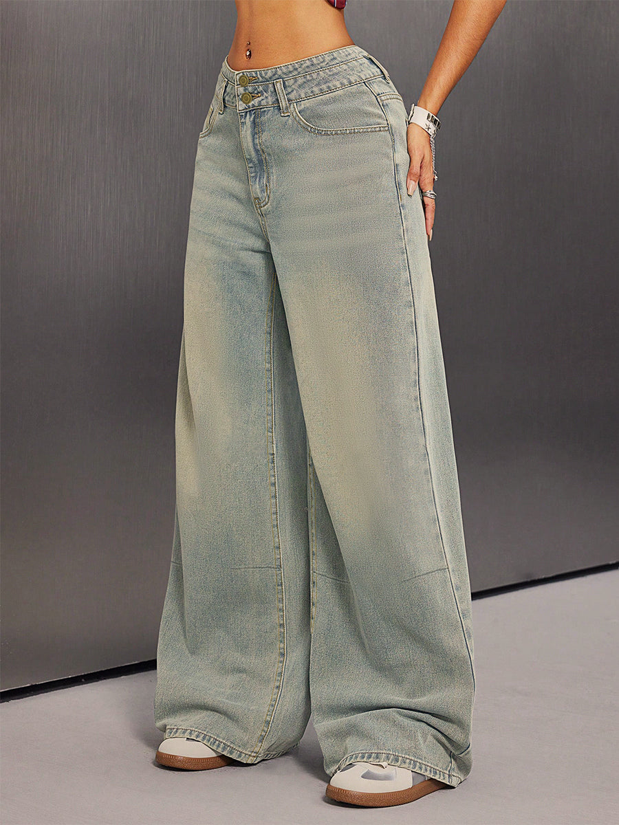 High Rise Baggy Jeans For Women - Light Blue Dirty Effect Wide Leg Washed Denim Pants - Spring Music Festival 2026