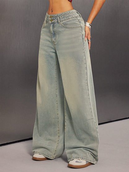 High Rise Baggy Jeans For Women - Light Blue Dirty Effect Wide Leg Washed Denim Pants - Spring Music Festival 2026
