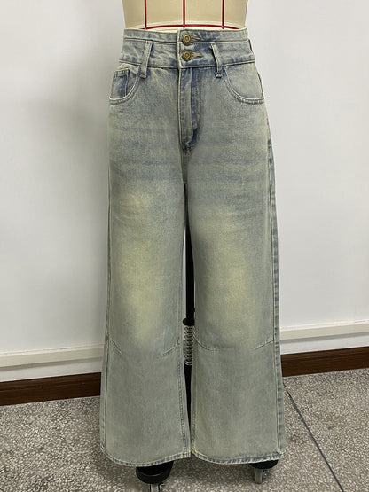 High Rise Baggy Jeans For Women - Light Blue Dirty Effect Wide Leg Washed Denim Pants - Spring Music Festival 2026