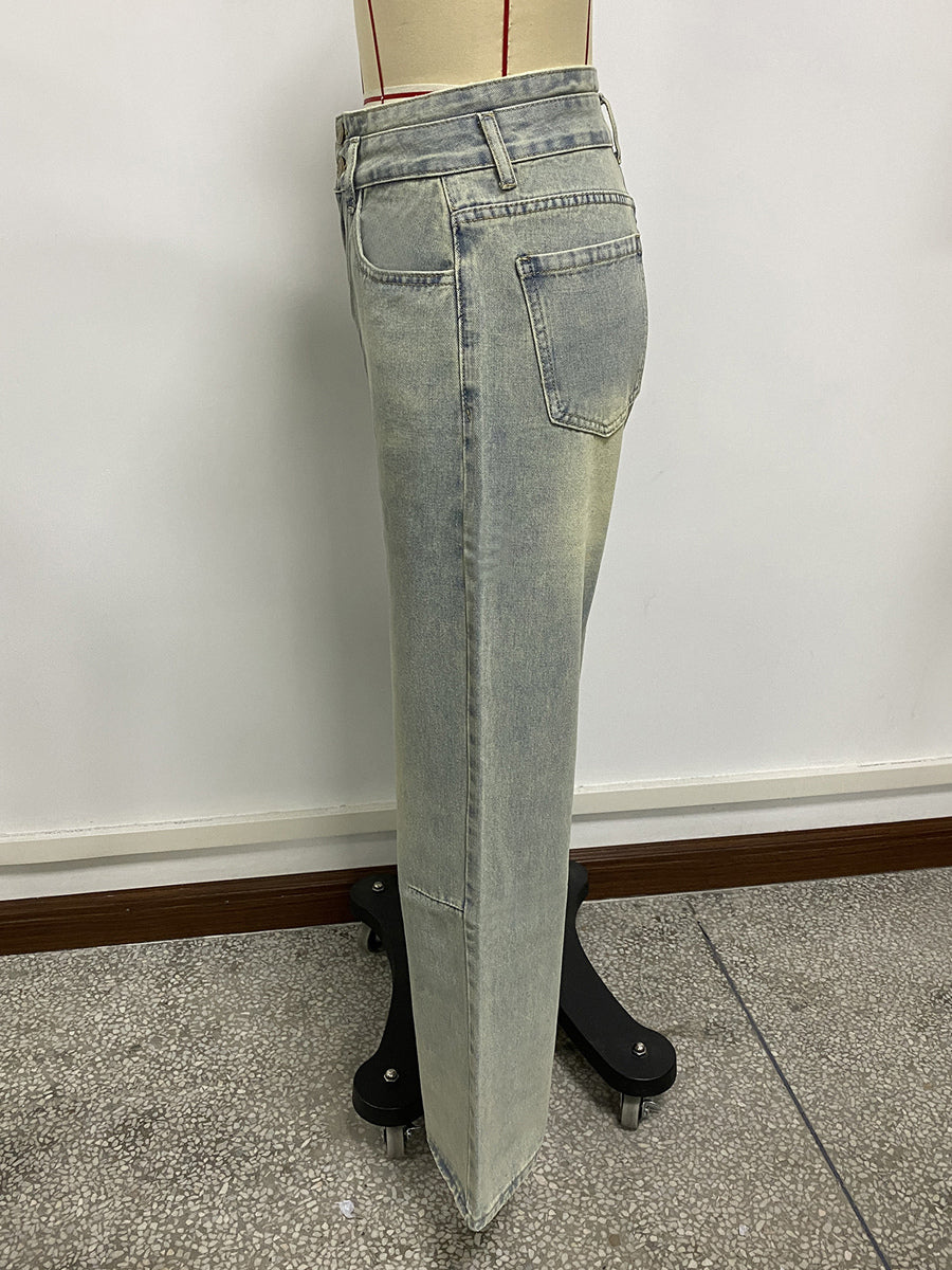 High Rise Baggy Jeans For Women - Light Blue Dirty Effect Wide Leg Washed Denim Pants - Spring Music Festival 2026