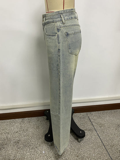 High Rise Baggy Jeans For Women - Light Blue Dirty Effect Wide Leg Washed Denim Pants - Spring Music Festival 2026