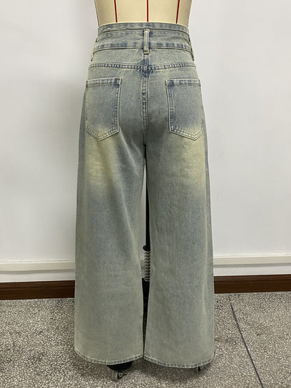 High Rise Baggy Jeans For Women - Light Blue Dirty Effect Wide Leg Washed Denim Pants - Spring Music Festival 2026