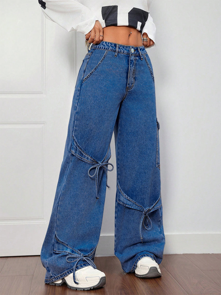 Wide Leg Cargo Jeans For Women - Y2K Retro Bow Tie Strappy Loose Washed Denim Pants - Spring Music Festival Streetwear 2026