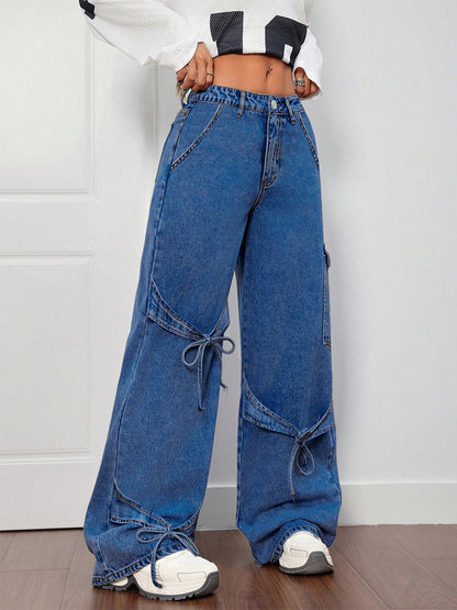 Wide Leg Cargo Jeans For Women - Y2K Retro Bow Tie Strappy Loose Washed Denim Pants - Spring Music Festival Streetwear 2026