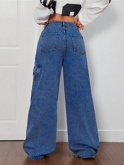 Wide Leg Cargo Jeans For Women - Y2K Retro Bow Tie Strappy Loose Washed Denim Pants - Spring Music Festival Streetwear 2026