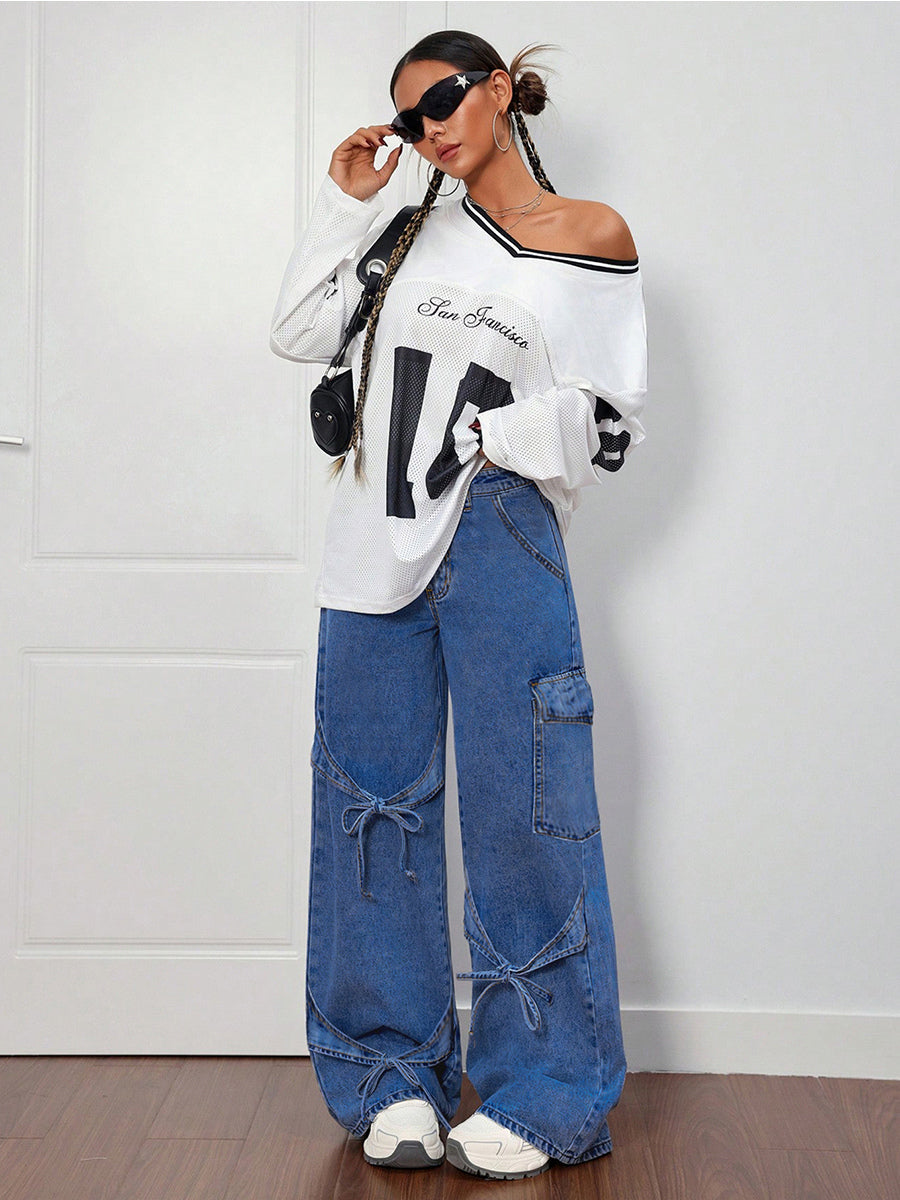 Wide Leg Cargo Jeans For Women - Y2K Retro Bow Tie Strappy Loose Washed Denim Pants - Spring Music Festival Streetwear 2026