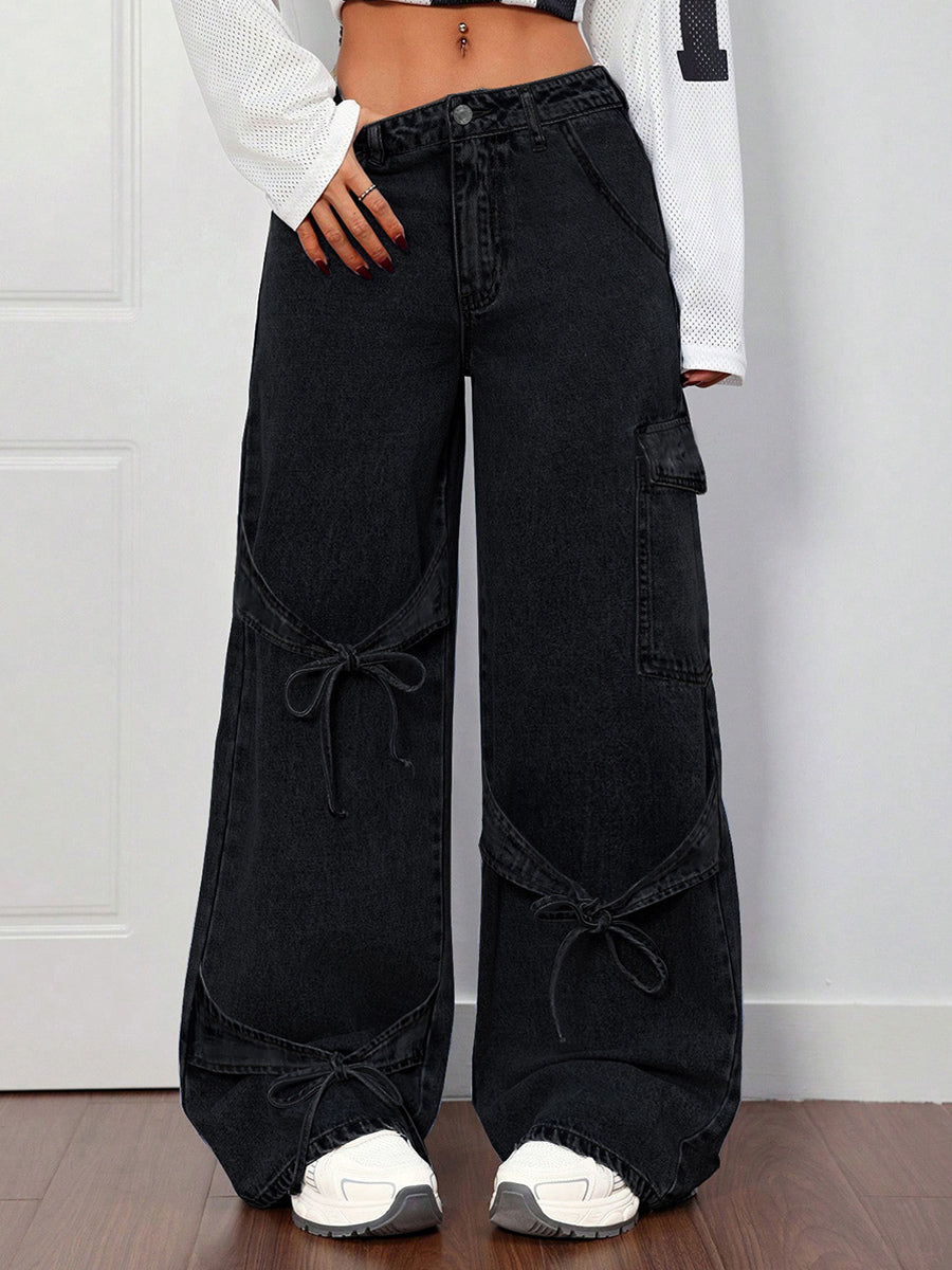 Wide Leg Cargo Jeans For Women - Y2K Retro Bow Tie Strappy Loose Washed Denim Pants - Spring Music Festival Streetwear 2026