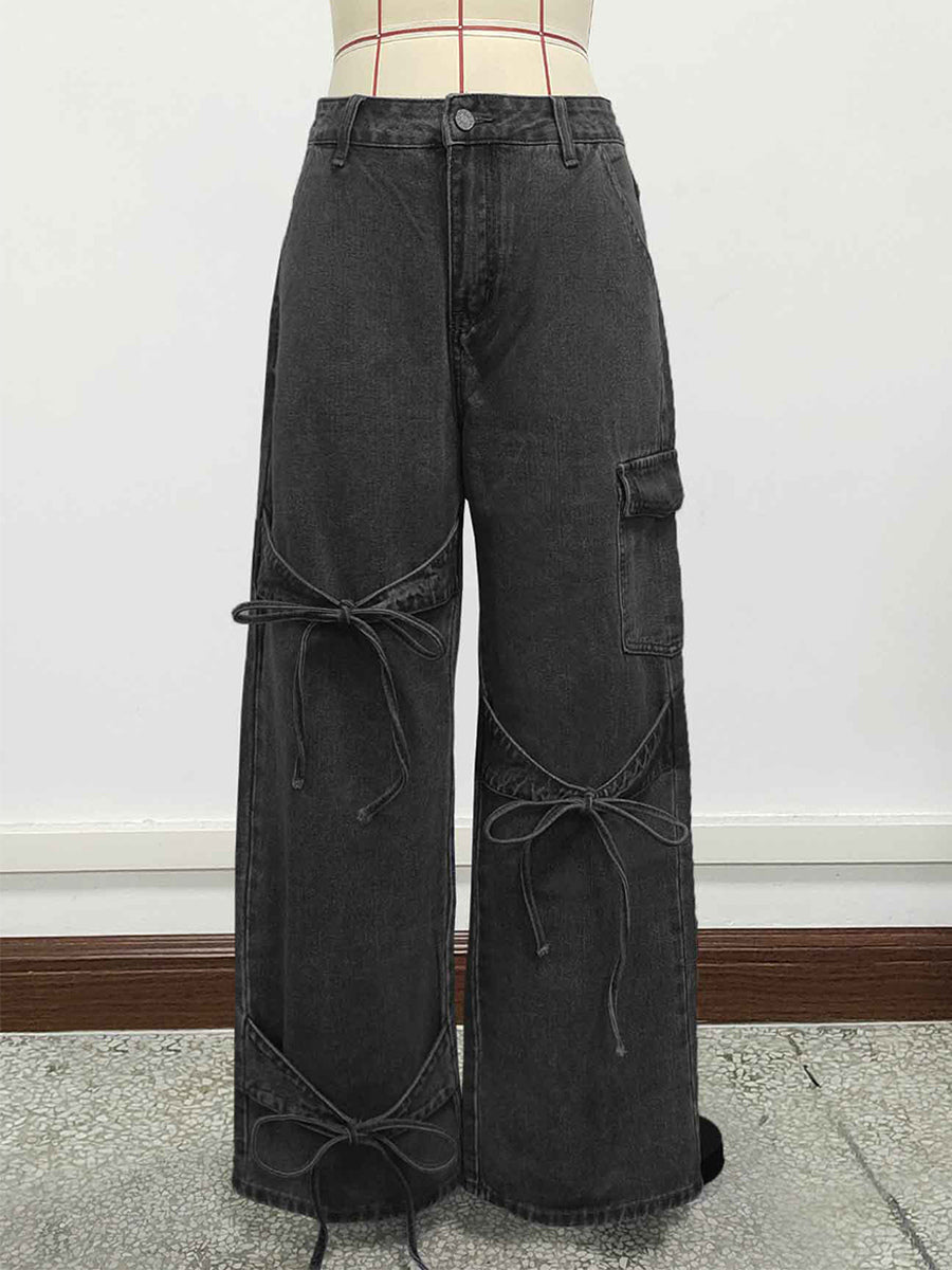 Wide Leg Cargo Jeans For Women - Y2K Retro Bow Tie Strappy Loose Washed Denim Pants - Spring Music Festival Streetwear 2026