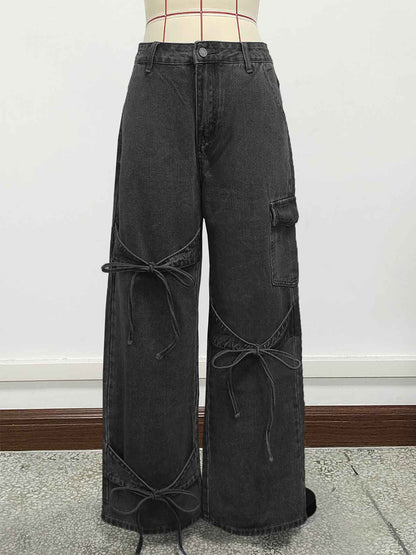 Wide Leg Cargo Jeans For Women - Y2K Retro Bow Tie Strappy Loose Washed Denim Pants - Spring Music Festival Streetwear 2026