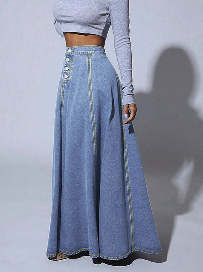 High Waisted Paneled Denim Maxi Skirt For Women - Blue Boho A-Line Flared Long Skirt With Buttons - Spring Casual Streetwear 2026