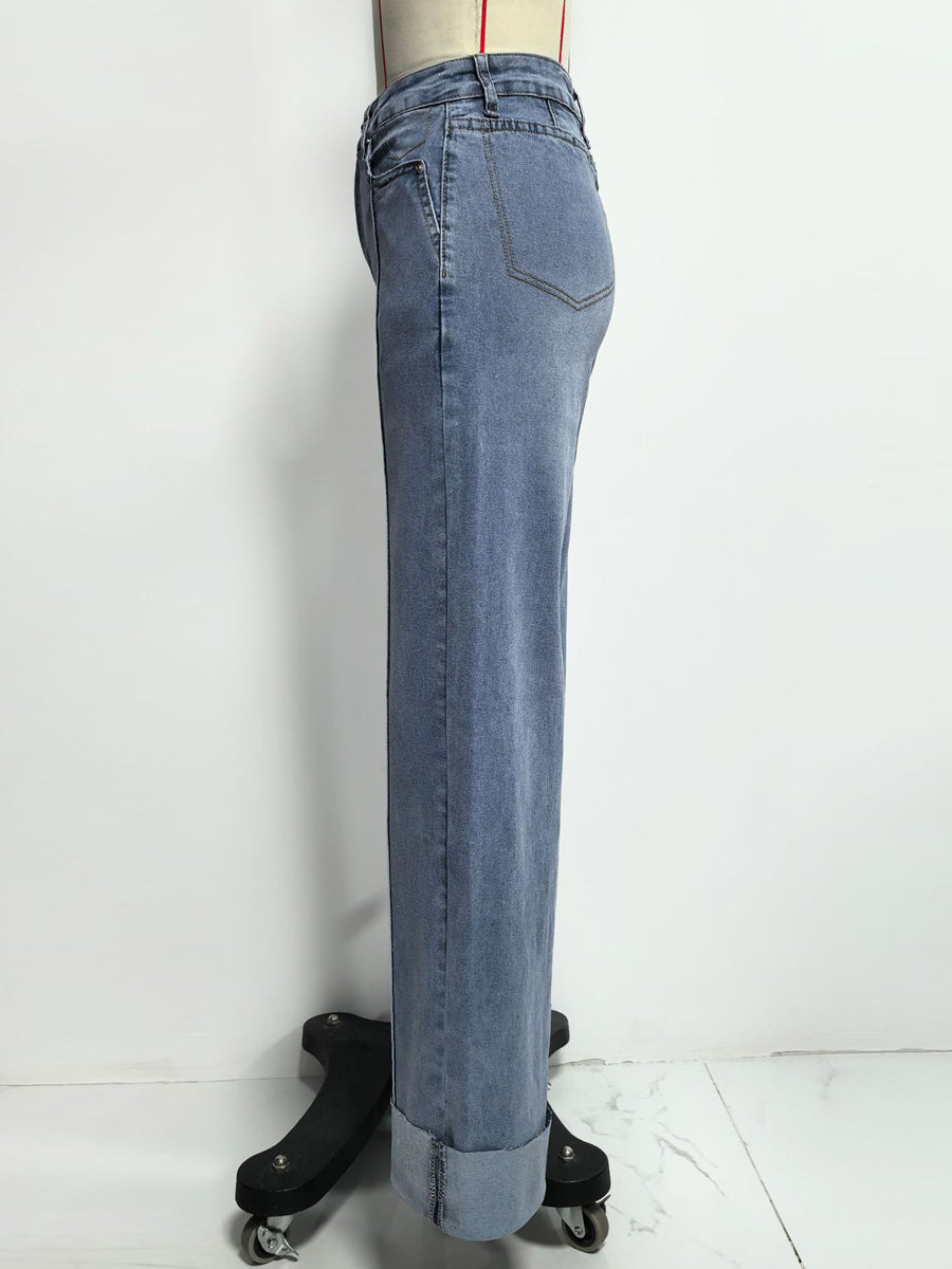Cuffed Wide Leg Jeans For Women - Blue Western Boho Seam Front High Waist Straight Denim - Spring Casual Cowgirl Streetwear 2026