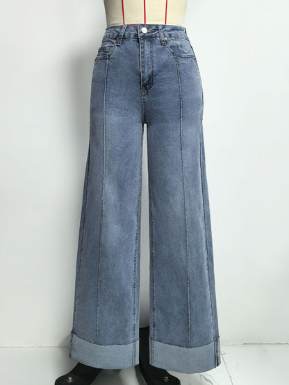 Cuffed Wide Leg Jeans For Women - Blue Western Boho Seam Front High Waist Straight Denim - Spring Casual Cowgirl Streetwear 2026