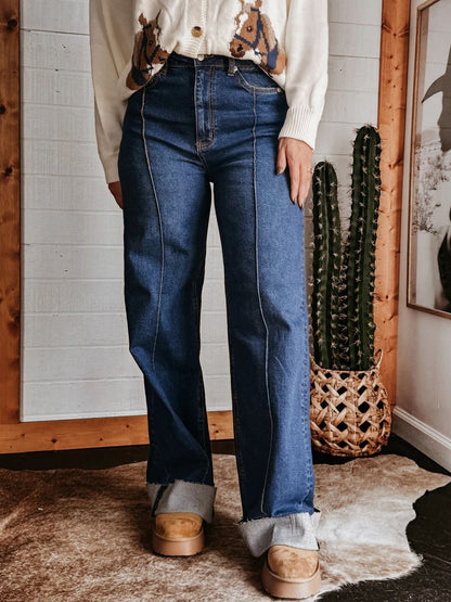 Cuffed Wide Leg Jeans For Women - Blue Western Boho Seam Front High Waist Straight Denim - Spring Casual Cowgirl Streetwear 2026