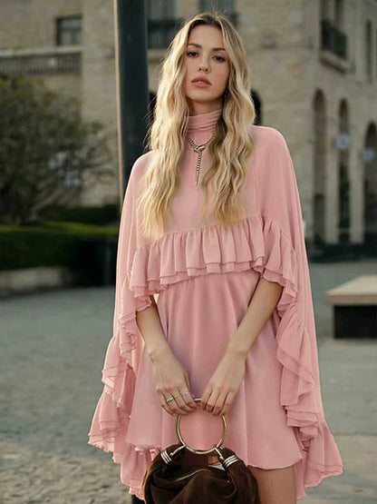 Chiffon Cape Mini Slip Dress For Women - Elegant Ruffle Tiered 2 Piece Set - Spring Wedding Guest Party Cocktail 2026