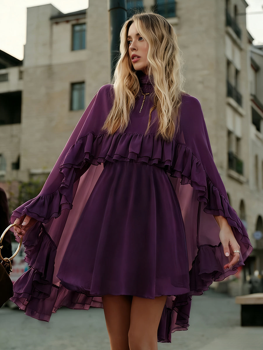 Chiffon Cape Mini Slip Dress For Women - Elegant Ruffle Tiered 2 Piece Set - Spring Wedding Guest Party Cocktail 2026