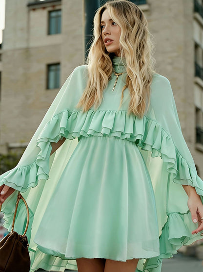 Chiffon Cape Mini Slip Dress For Women - Elegant Ruffle Tiered 2 Piece Set - Spring Wedding Guest Party Cocktail 2026