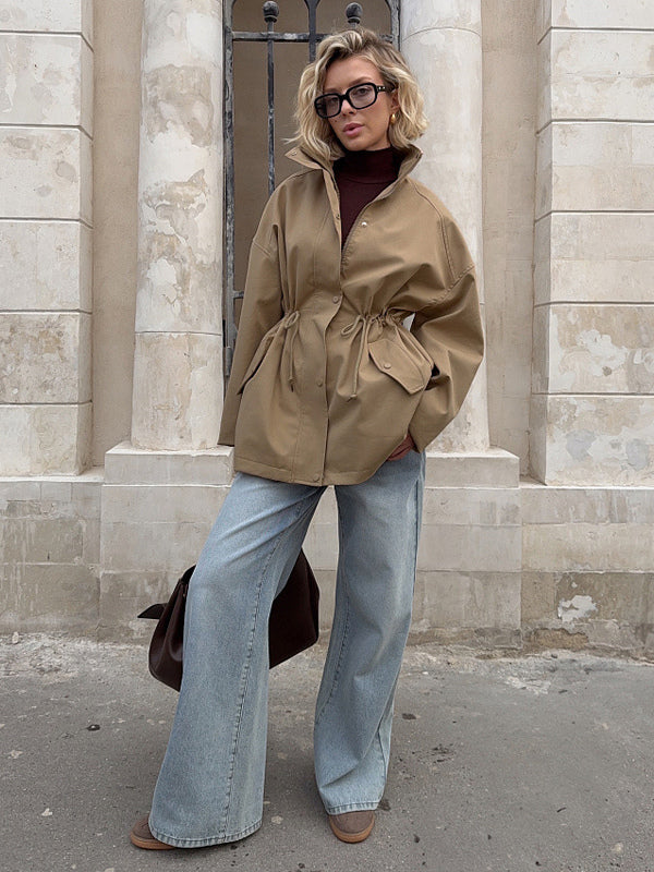 Pure Cotton Utility Jacket For Women - French Chic Drawstring Slim Fit Windbreaker - Spring Casual Outerwear 2026