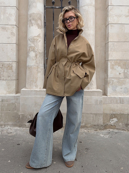 Pure Cotton Utility Jacket For Women - French Chic Drawstring Slim Fit Windbreaker - Spring Casual Outerwear 2026