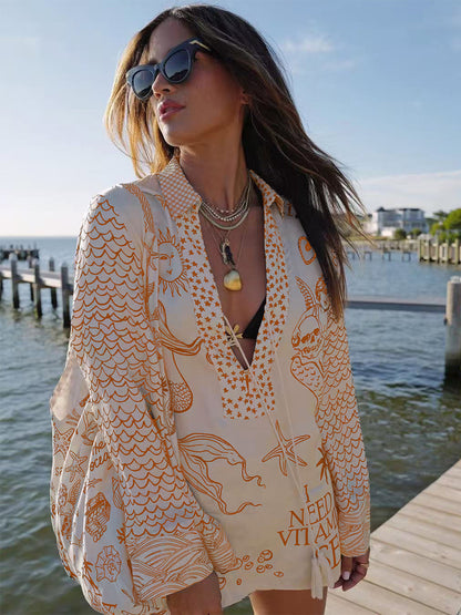 Satin Print Pajama Set For Women - Coastal Graphic V-Neck Long Sleeve Shirt And Shorts - Summer Cruise Party 2026